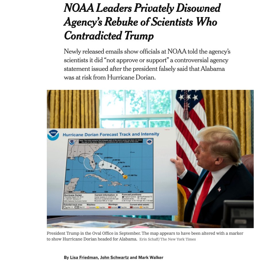 Here's a flashback to the Sharpie adjustment to a hurricane forecast and the fine  @LFFriedman  @jswatz et al story exposing what happened.  https://www.nytimes.com/2020/02/01/climate/noaa-trump-hurricane-dorian.html 3/