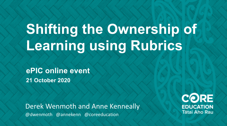 annekenn's tweet image. How are you using rubrics? Sharing a story here at #epic2020 #EPIConference online with 
@dwenmoth "Shifting the ownership of learning using rubrics." @coreeducation