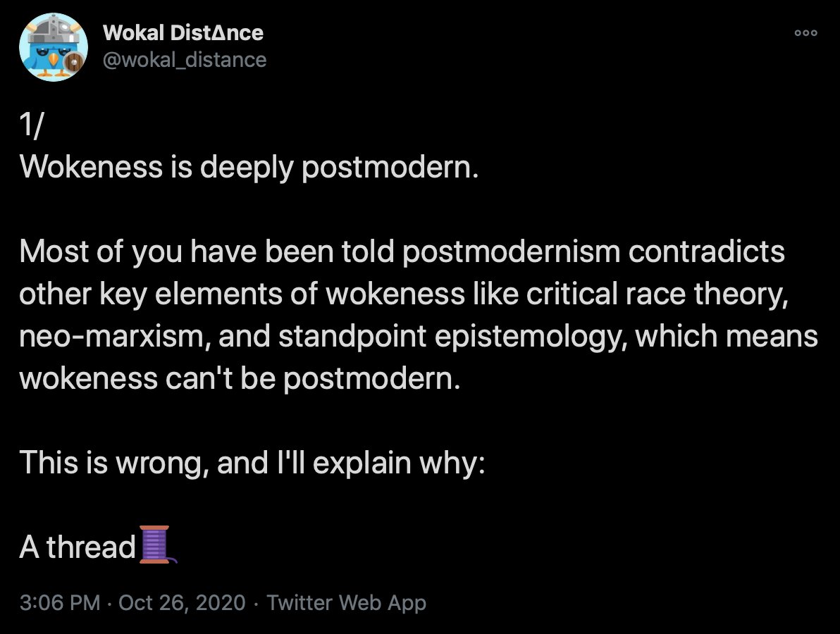 Here goes another one of my signature threads on the incredibly bulletproof  #AntiWoke online echo chambers can be, focusing again on  @wokal_distance. And before you remind me I have better things to do, remind yourself I am fully aware of this fact; I simply have no self-respect.