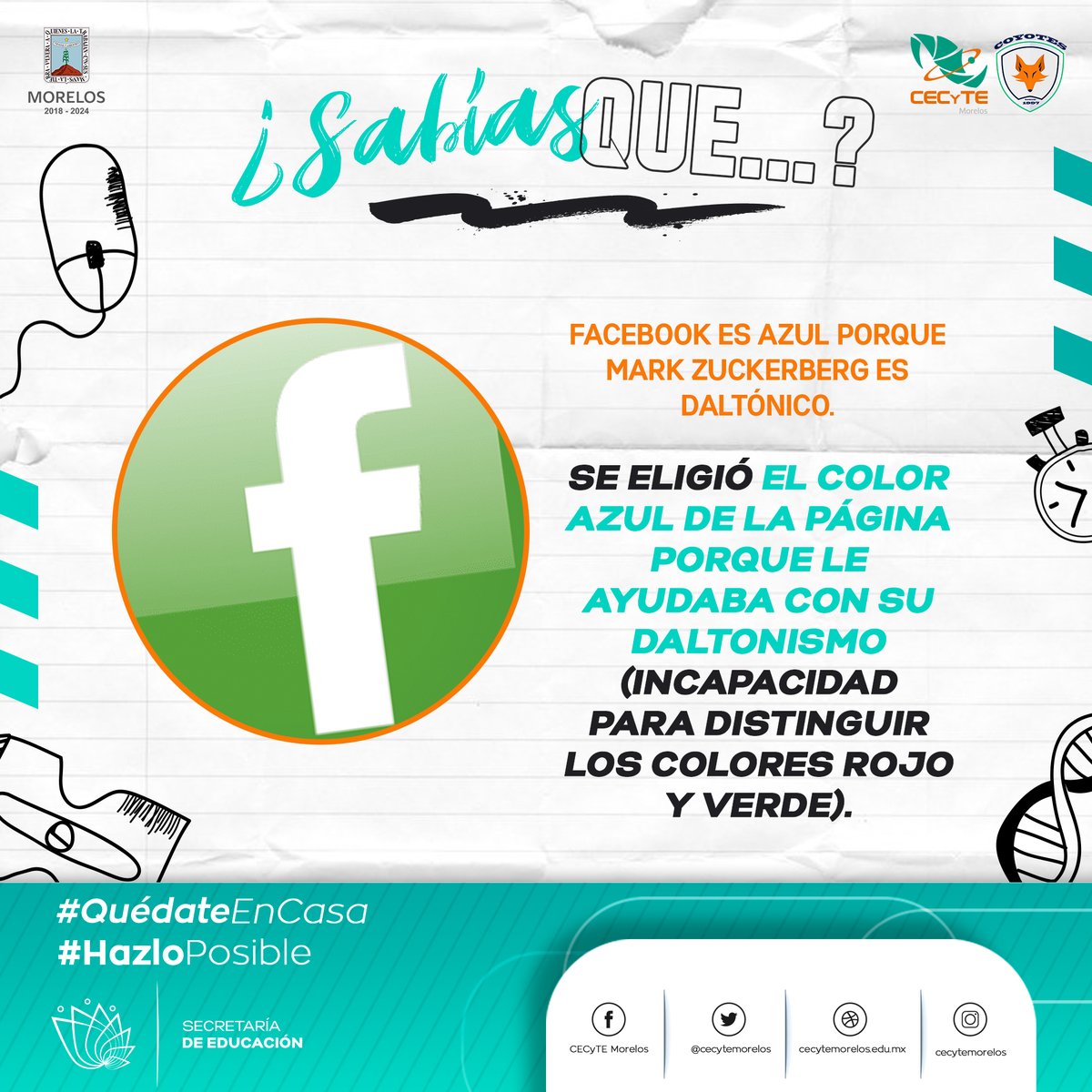 Zuckerberg le dijo al diseñador que había elegido ese color para Facebook porque le hacía “sentirse bien”, ya que el color que mejor ve es el azul.  💻🖱️🖲️

#SabíasQue #EnCecyteAprendo #AullandoAlFuturo #LiderandoLaManada #QuédateEnCasa #HazloPosible