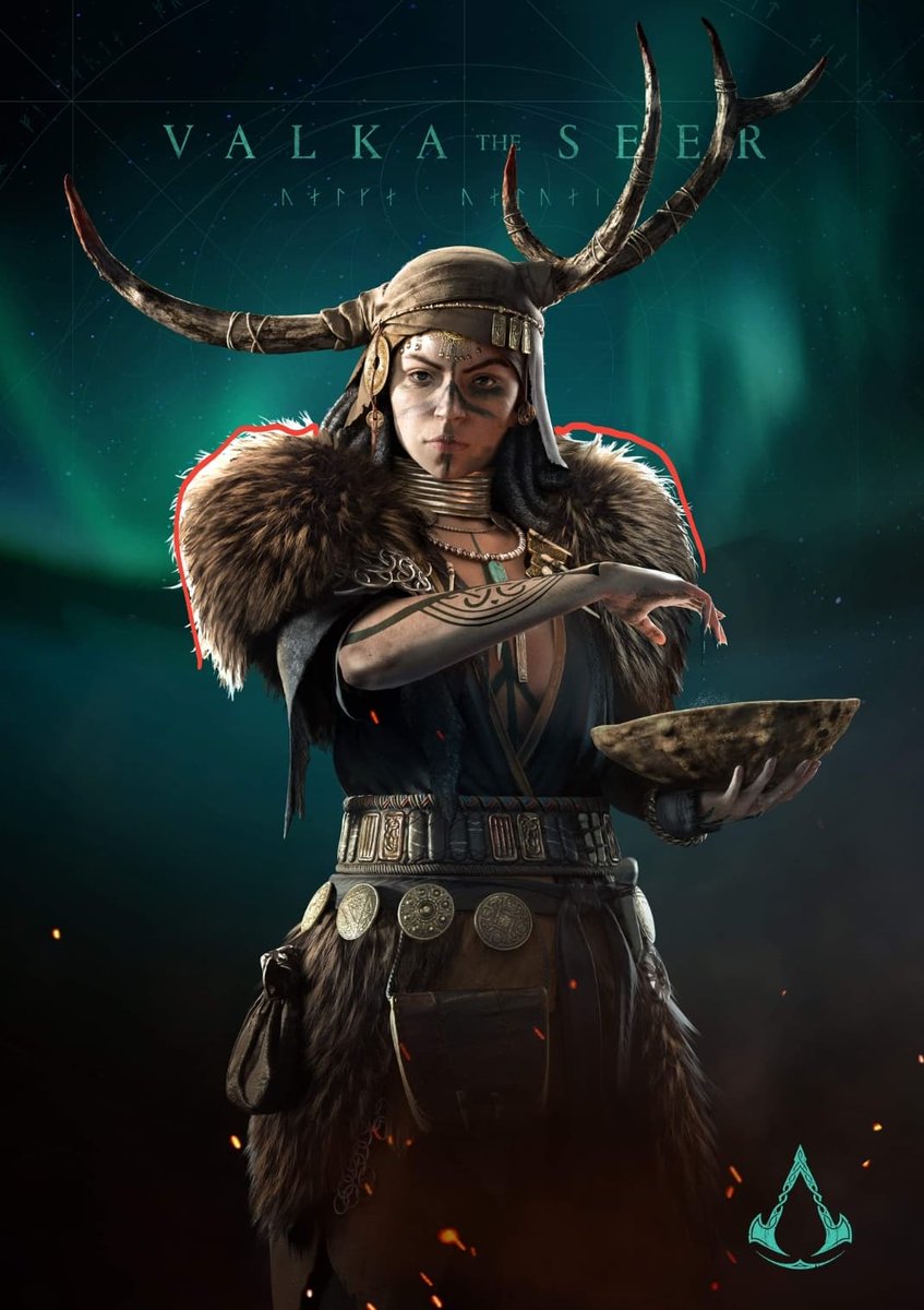 Diet of Vǫlva in 5/12 isn't for nothing. She WEARS what she CONSUMES.Eirkis Saga describes Vǫlva wearing "'a black hood, made of lambskin...'"(Crawford,YT) #ACValhalla:hoodACL Community says Pelt on her shoulder might beor, so she consumes theirtoo?6/12