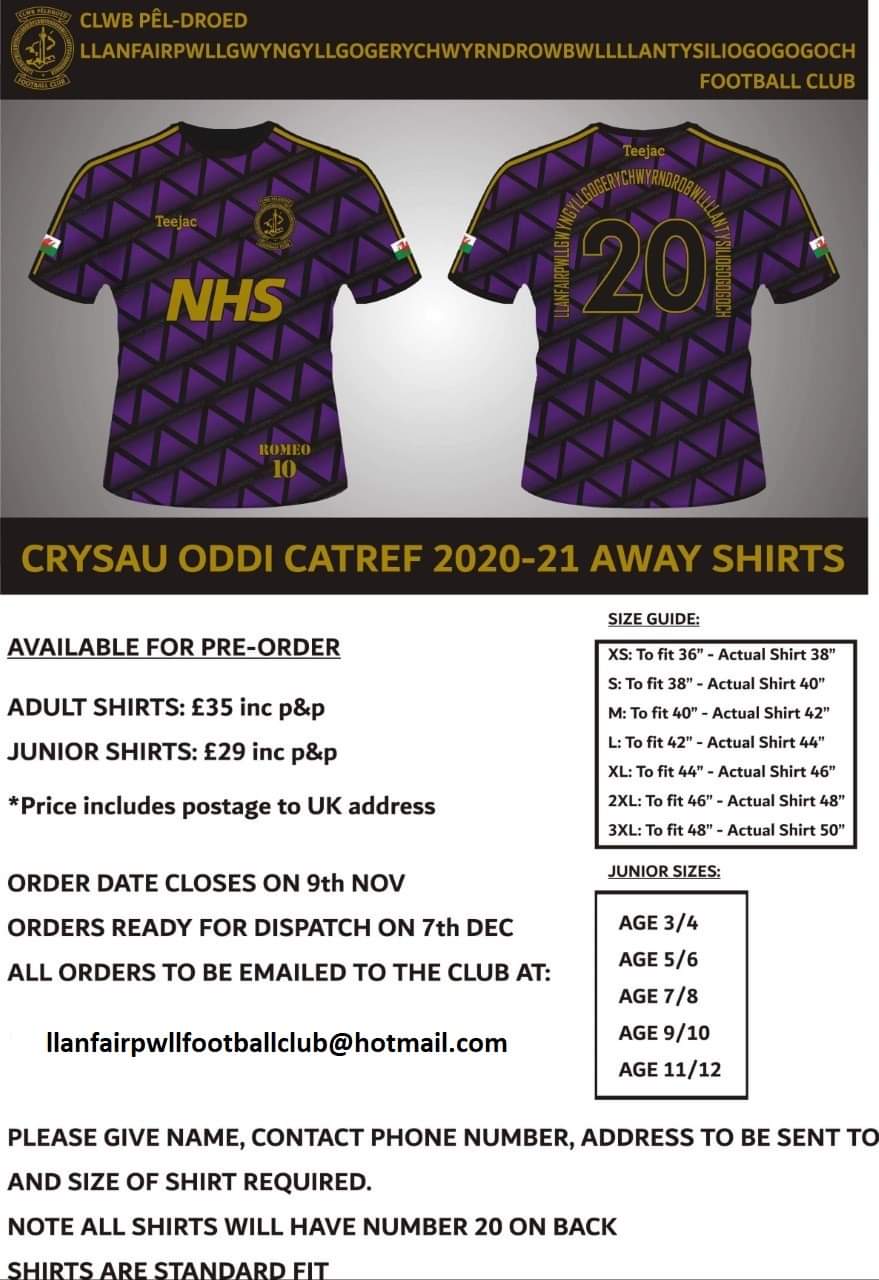 Llanfairpwll Football Club GK away shirt  sizes in description pre-order 