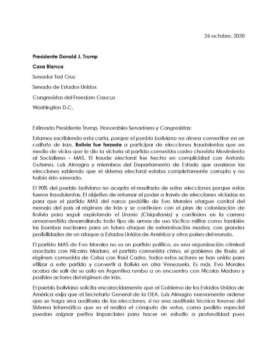 alomarianela's tweet photo. Letter to President Trump, Senate &amp; Congress requesting for help due to rigged elections in Bolivia since IRAN CHINA CUBA Russia are using Evo Morales party MAS as a puppet to control Bolivian country the same way they control Venezuela regime. @WhiteHouse @POTUS @SenTedCruz https://t.co/j2SVAPeY00