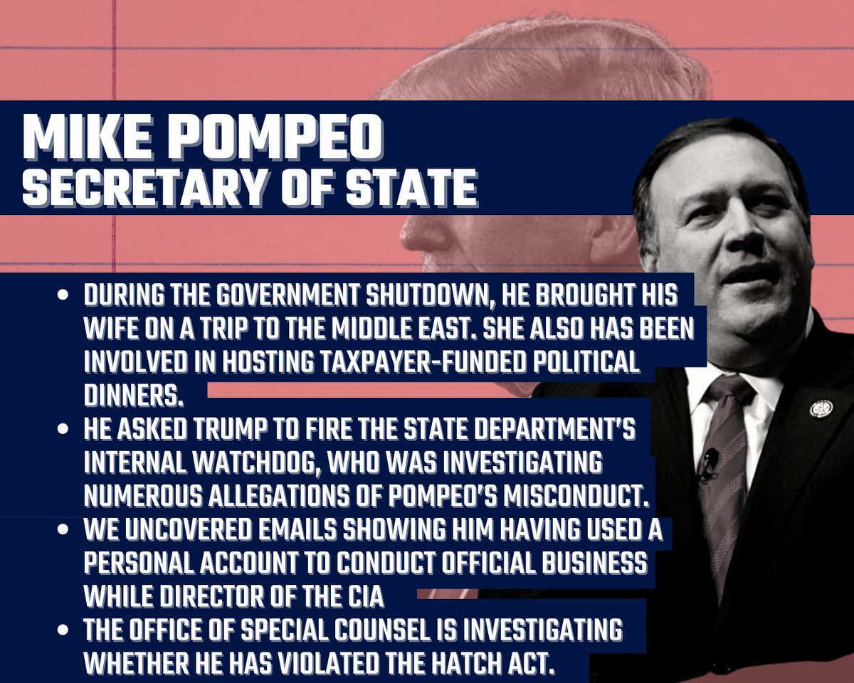Next, Secretary of State Mike Pompeo. Pompeo is one of the longest-serving and most influential figures in the Trump administration — and his personal and political actions during his tenure raise many questions.