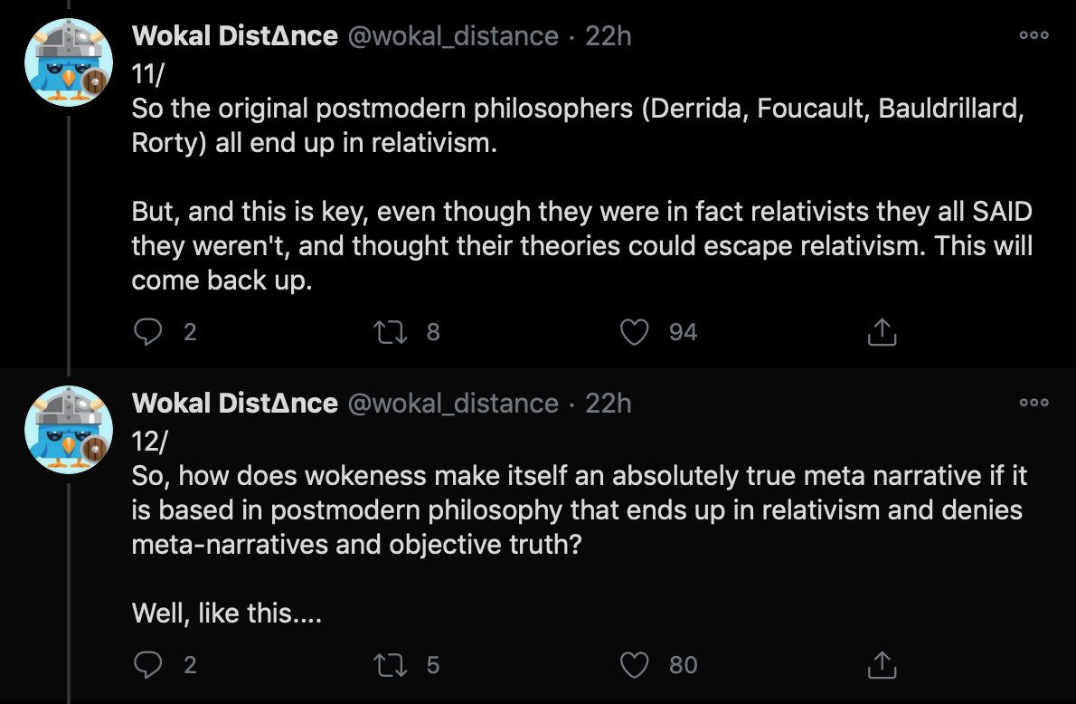 Philosophers: Hm. But surely, if it's true that none of these thinkers ever espoused relativism, and they in fact made it a point to clarify that they weren't relativists, there must be some more charitable reading available. Wokal: No, seriously, I swear, they were wrong.