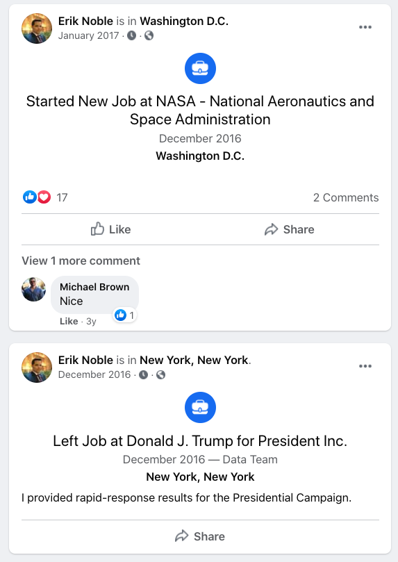 Then came the standard job transition for campaign heroes to good administration positions. (This is as true for Dems and Republicans of course.) Farewell campaign, December 2016. Hello  @Nasa, January 2017. 13/