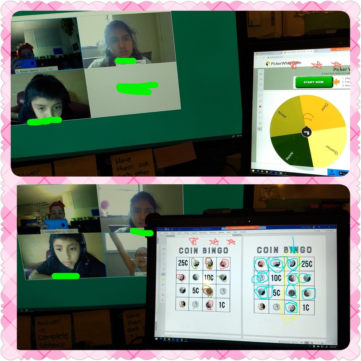 SeaGateMC's tweet photo. Coin Bingo Fun! Students loved getting to control the computer to spin the spinner and then circle the coins on the screen to get 4 in a row 💰#BuildingBrightFutures #EngagedInMath #VirtualLearning @SeaGateES https://t.co/Ozjuc9GzXX