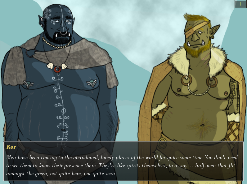 Tusks: The Orc Dating Sim ($2.00) - what it says and so much more. you and a group of gay orcs are making an annual journey to a mythical take on Scotland's Highlands, with great exploration of intimacy, culture, bodies, and one's relation to them.  https://hxovax.itch.io/orc-dating-sim 