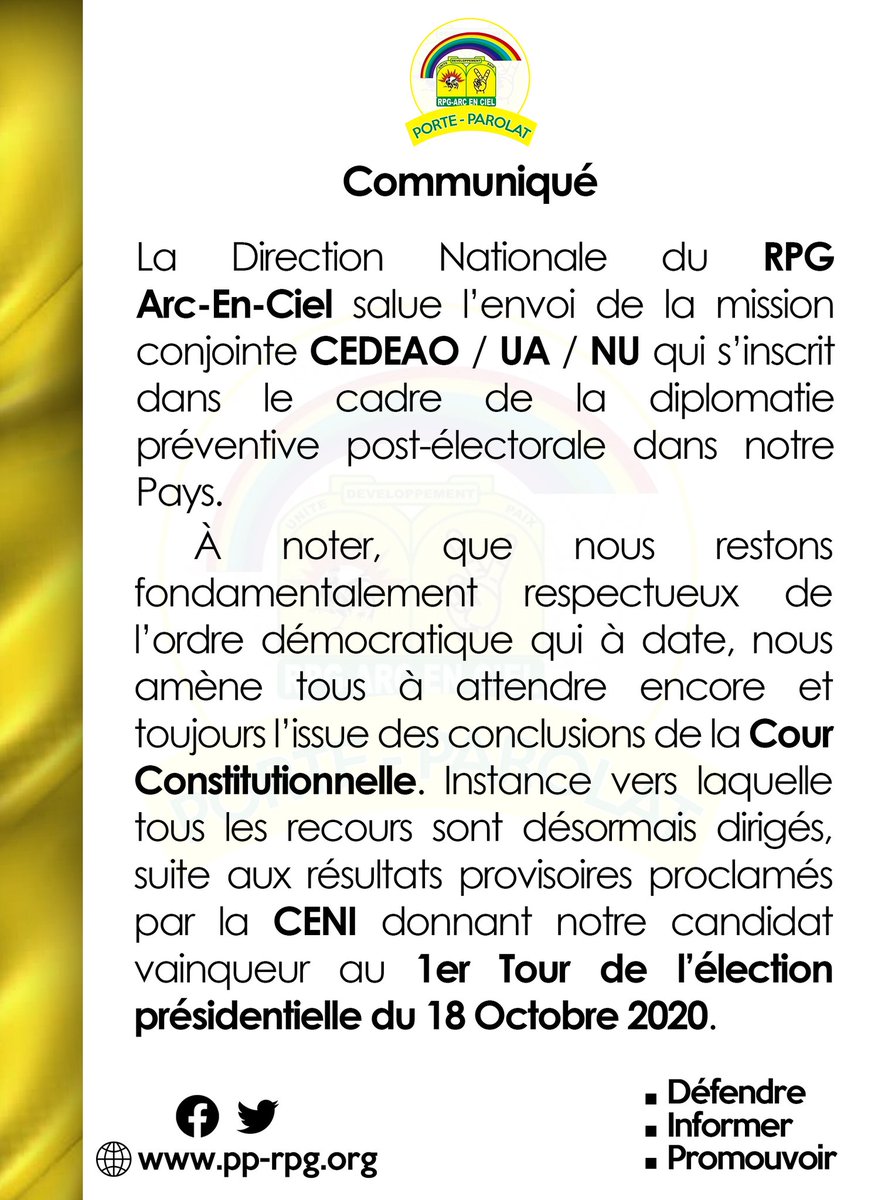 Continuite_2020's tweet image. Communiqué 🔴
Mission conjointe @ecowas_cedeao @presidentecowas @_AfricanUnion @ONU_fr 
Message du @rpg_officiel 

@ParolatPorte @BRamatoullaye @presidentecowas @MouvementJ @MOJED16 @DianeHamidou @niniksalis @doukoure99 @18Oct_AC2020 @AecRpg @JeunesRpublica2