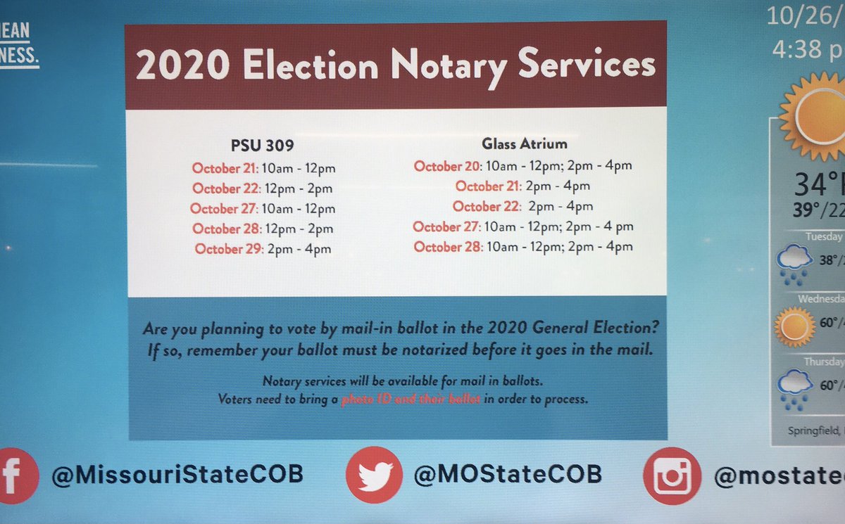 Remember, if you are voting through mail-in, you can get your ballot notarized on campus. See the information below to get the time and location for this service #pawstothepolls #missouristateuniversity #citizenbear #vote #vote2020 #informedvoting #mailin