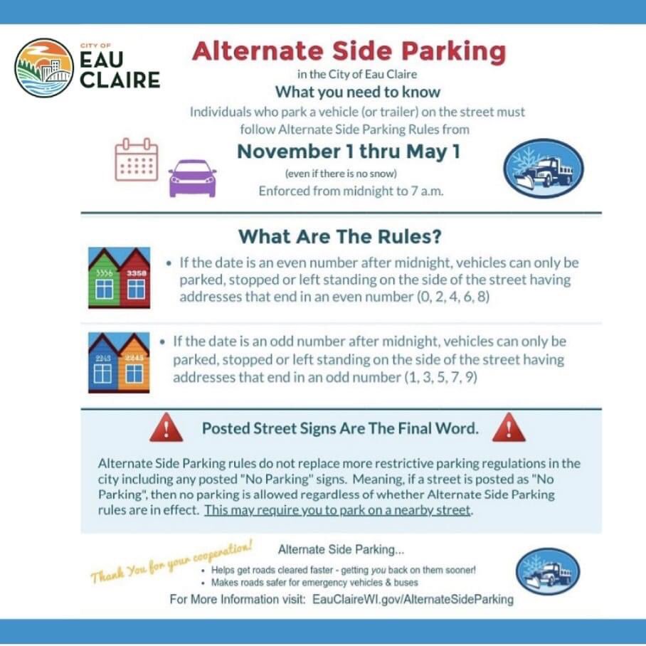 Hey Blugolds, 
Be sure to check out the information below about alternate side parking!
