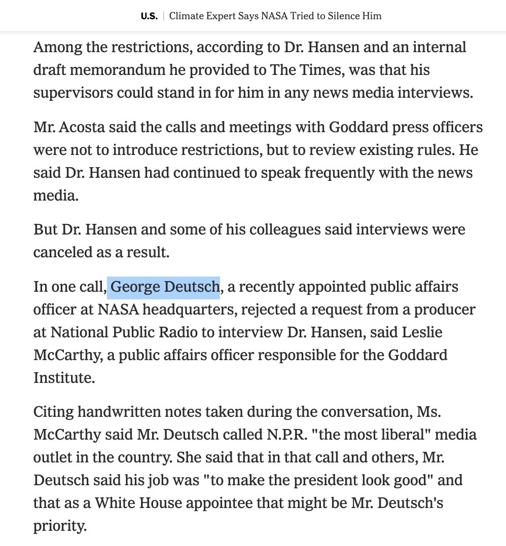 Although Noble reached a much more powerful level, he reminds me of George Deutsch, a young GW Bush political appointee in  @NASA Public Affairs who, in 2006, tried to keep  @DrJamesEHansen off the radio. That didn't work.  https://www.nytimes.com/2006/01/29/science/earth/climate-expert-says-nasa-tried-to-silence-him.html 17/