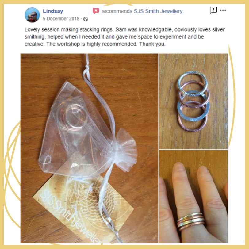 SJSJewellery's tweet image. #testimonial from a lovely customer. Book via: bit.ly/345Xuz8 
#makeyourownjewellery
#silverclassesstockport
#creativeclasses
#jewelleryclass
#jewellerymaking
#jewellerymakingworkshops
#jewelleryworkshops
#learntomakejewellery
#becreative
#learnandplay
#silversmithing