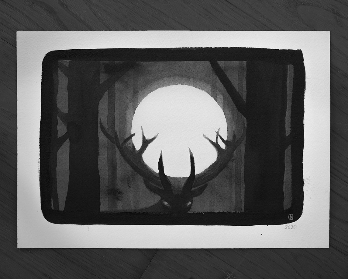 less_is_morgue's tweet photo. 27 Nightwalk in the deep woods
My take on this week's theme in IG user @ moonmagic_art's prompt, 'companion'.
#inkpainting #moontober #inktober2020 #deepdarkwoods #moon #deer #nightwalk #forest #darkart #creature https://t.co/K7urMyXMsh