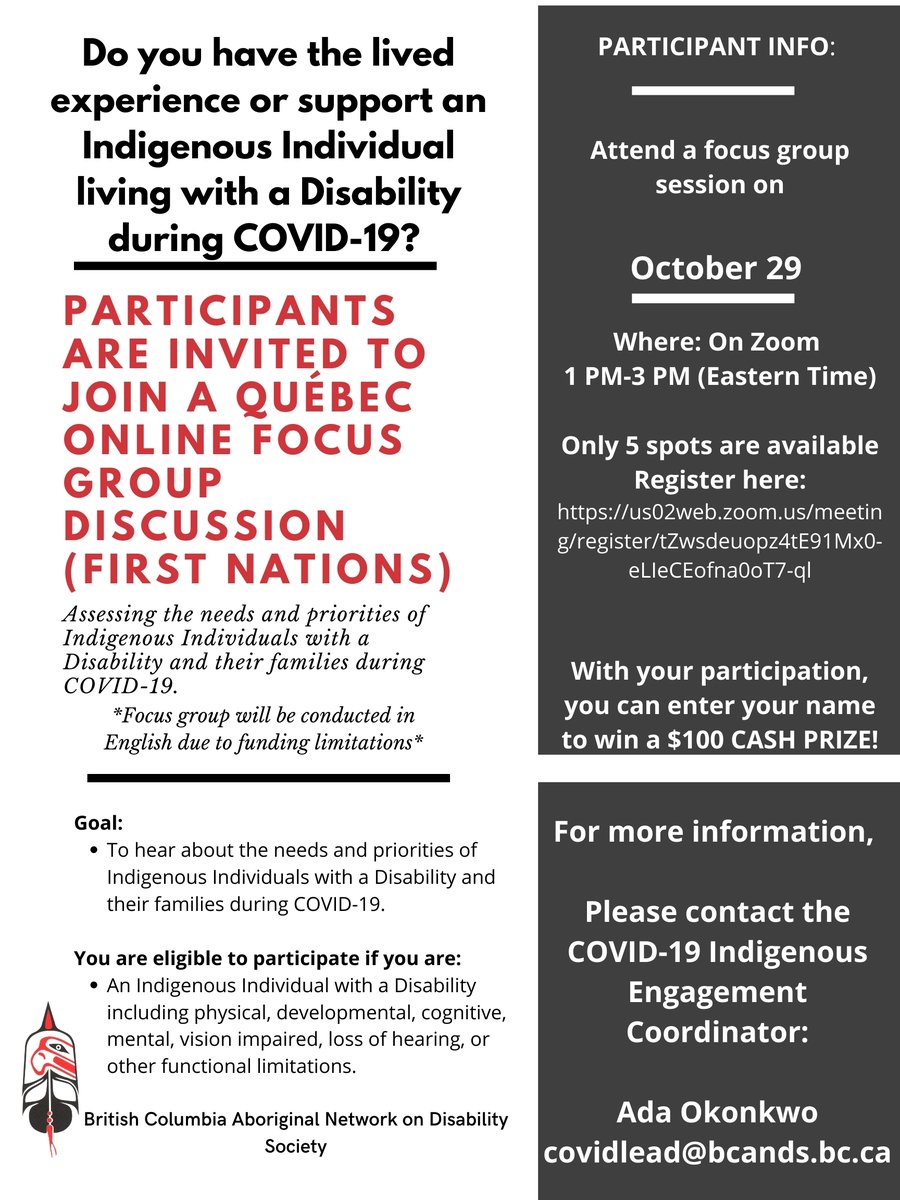 IndigenousCOVID's tweet photo. BCANDS is inviting interested participants from Quebec to participate in a Focus group session. We want to hear directly from communities.
Thursday, October 29th at 1 pm - 3 pm (ET).
Register here: https://t.co/dEsfPlfKzQ #FirstNations #COVID19Manitoba #IndigenousDisability https://t.co/XAmm4GIPtq