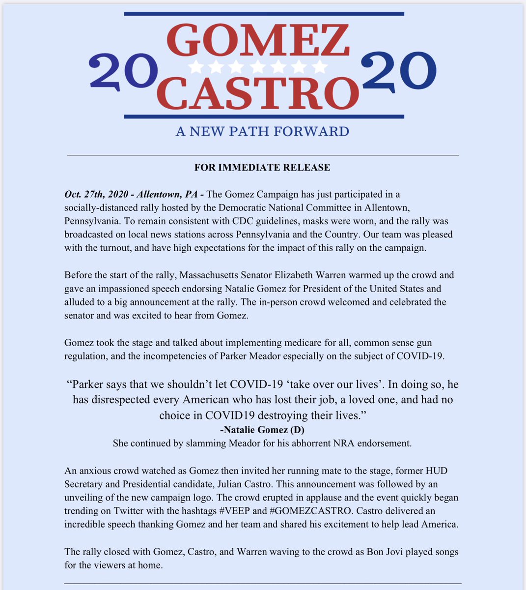 Gomez_Campaign's tweet photo. Thank You Pennsylvania! Julian and I were overwhelmed by your support and enthusiasm. Together, we will get this done, and fight for #ANewPathForward. 
See our Official Press Release below: https://t.co/LQODT0GjT9