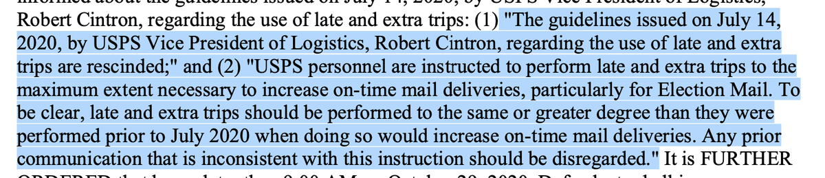 Here's what Judge Emmet G. Sullivan orderedBy 9AM on 10/28, in other words THIS MORNING, USPS must issue a 1 page notice to Area Vice Presidents, Managers of Operations Support, and anyone else who got the old logistics memo saying, basically, "fuck that noise"