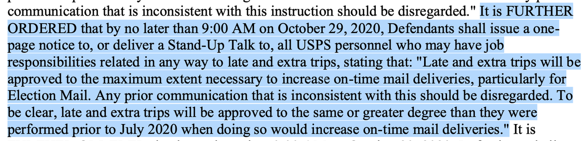 By 9AM tomorrow (10/29) morning, USPS must issue a 1 page memo, or deliver a stand up talk to ALL USPS PERSONNEL who have job duties related to late and extra trips saying, essentially, "that old sabotage directive from DeJoy? Fuck that noise"