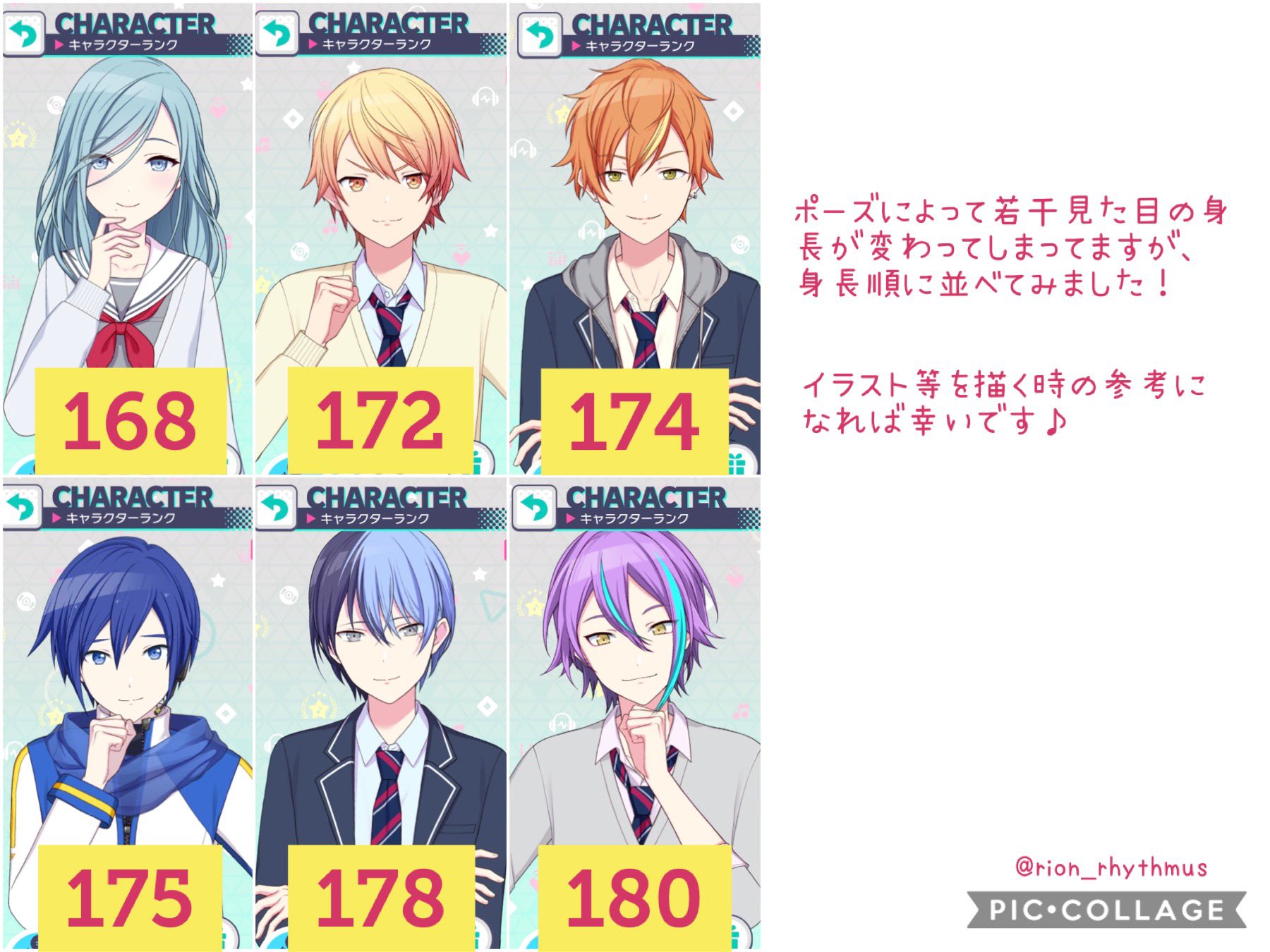 りおん プロセカキャラの身長をまとめてみました 意外と平均身長が高かった プロセカ応援大使 180 類 178 冬弥 175 Kaito 174 彰人 172 司 168 雫 167 Meiko 166 穂波 163 遥 瑞希 162 ルカ まふゆ 161 一歌 160 杏 159 咲希 志歩 158 ミク みのり 絵名