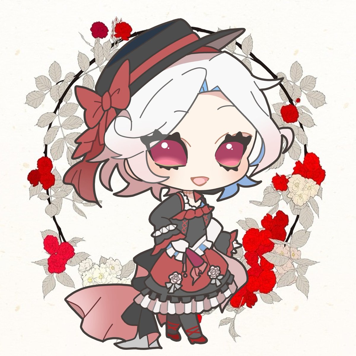 hat 1girl white hair chibi solo dress flower  illustration images