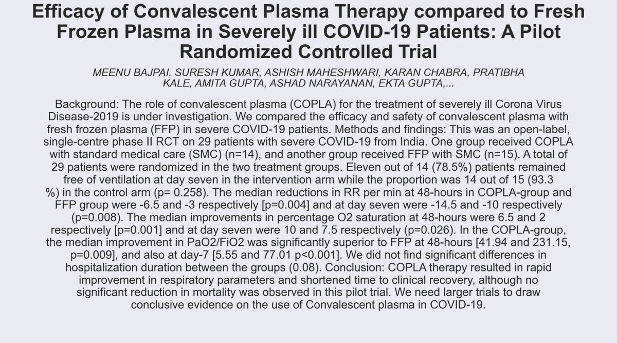 COVID19arXiv's tweet photo. 𝗧𝗶𝘁𝗹𝗲: Efficacy of Convalescent Plasma Therapy compared to Fresh Frozen Plasma in Severely ill COVID-19 Patients: A Pilot Randomized Controlled Trial.
𝗔𝘂𝘁𝗵𝗼𝗿𝘀: Meenu Bajpai, Suresh kumar, Ashish Maheshwari, Karan Chabra,...
https://t.co/wXfZUR5V0k https://t.co/imA9o7ZWE2