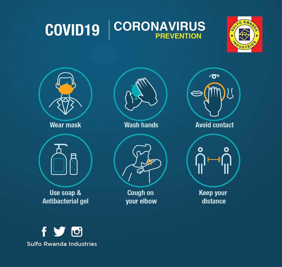 sulfo_rwanda's tweet photo. With this pandemic around, make it a priority to protect yourself and those around you with these safety measures.

#SulfoRwanda #StayClean #Sanitize #StaySafe #TogetherWeCan #Rwanda #RwOT https://t.co/9Njw2iXoET