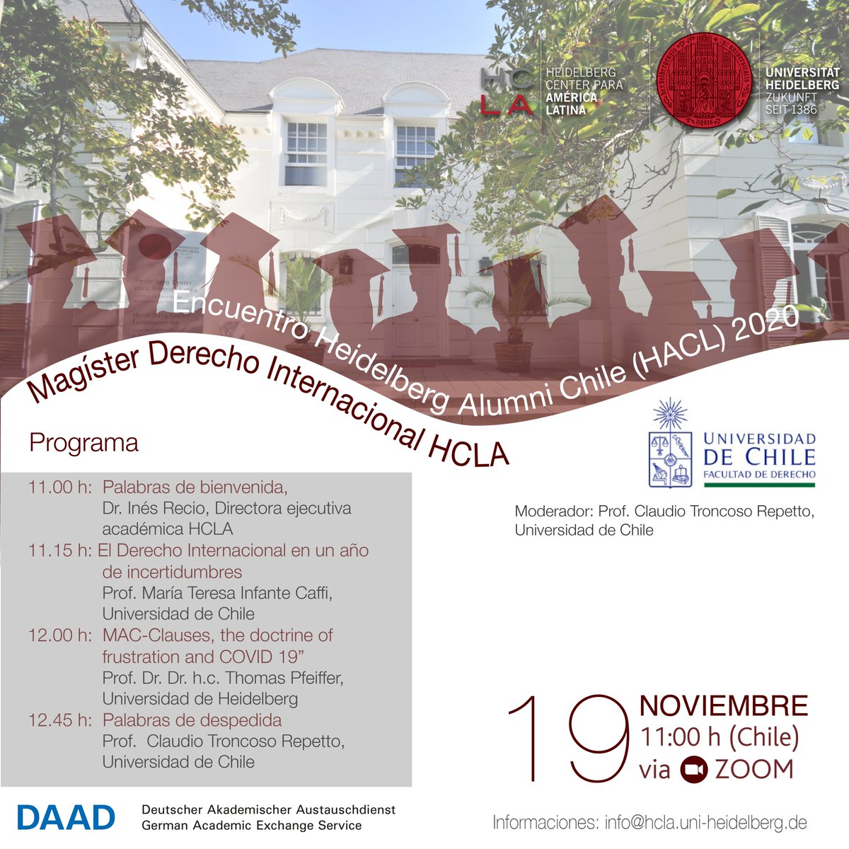 HCLAHeidelberg's tweet photo. 📢SAVE THE DATE‼️
HCLA Alumni-Days 2020
07.11. Virtual International Day of Medical Physics, 
🕒3 – 🕔5pm (UTC+1)
19.11. Master in International Law,🕚11am
20.11. Investigar en Alemania,🕡6:30pm
25.11. Astronomía,🕝2:15pm https://t.co/KnNODycAMH