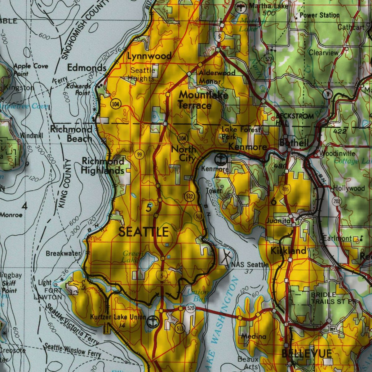 researchremora's tweet photo. A 1962 map of Seattle by the @USGS, with (very) exaggerated vertical relief.

#rayshader adventures, an #rstats tale https://t.co/xZaWQ3ebAW