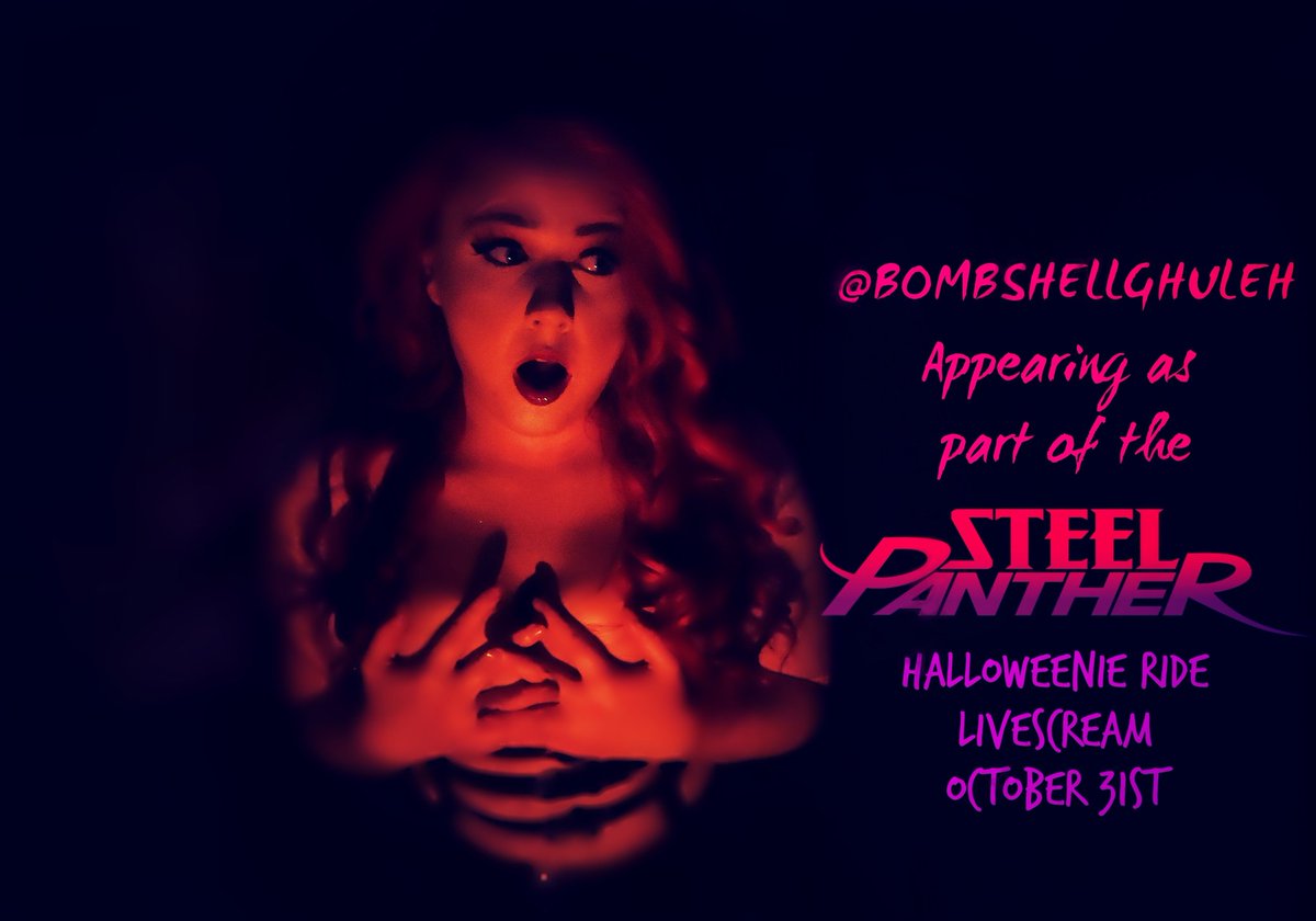 BombshellGeeky's tweet photo. appearing as part of the Steel Panther Halloweenieride Livescream. Get tickets and watch the stream at https://t.co/0Rk0RYmpvm or https://t.co/tf2B066Esj"
@Steel_Panther 
@MichaelStarrr 
@Stixzadinia 
#steelpanther
#halloweenieride https://t.co/k5eqEF6cvk