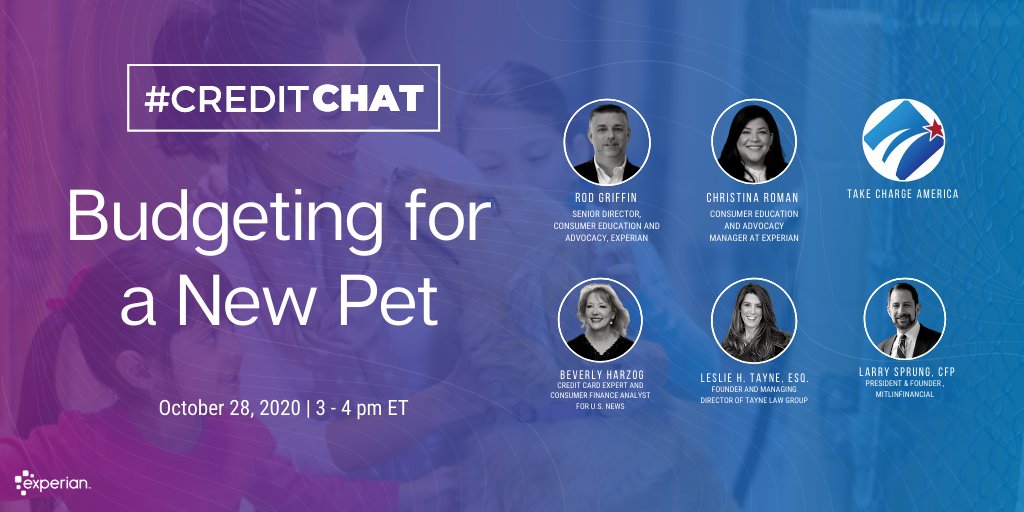 Experian's tweet photo. Looking forward to tomorrow's #CreditChat! 💬 Come prepared to share a photo of your fur baby! 😍

🎁 Visit our blog to RSVP for your chance to win a $50 Amazon GC: https://t.co/TxBl1eSiNP

@Lawrence_Sprung @TCAsolutions @BeverlyHarzog @lesliehtayneesq @Teena_LaRo @Rod_Griffin https://t.co/D2tNk2Y2Vh