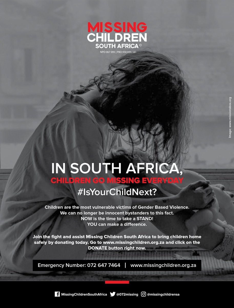 072MISSING's tweet photo. IN SOUTH AFRICA, CHILDREN GO MISSING EVERYDAY!
#IsYourChildNext?
Children are the most vulnerable victims of #GenderBasedViolence.
If you, your company or your place of work, would like to make a donation to #MissingChildrenSA, please click here now: https://t.co/cjFxxi4knV https://t.co/ZD1zk0b2Ia