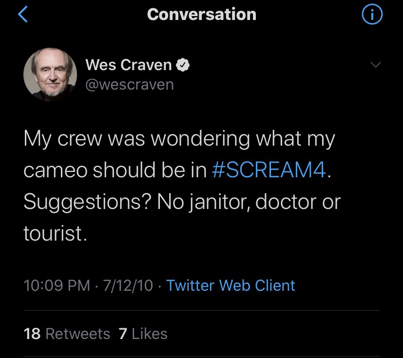 In June of 2010, Wes Craven asked his fans following his Twitter account what his cameo should be. The cameo was ultimately cut from the film (it's included as a deleted scene). He had a cameo as a forensics technician during the crime scene with Jenny and Marnie's corpses. 