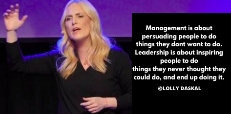 Lolly Daskal (@lollydaskal) on Twitter photo Management is about persuading people to do things they dont want to do.
Leadership is about inspiring people to do things they never thought they could do, and end up doing it.
~<a href="/LollyDaskal/">Lolly Daskal</a> bit.ly/2KoZBmu #Leadership #Management #TedTalk #Tedx #Speaker Management is about persuading people to do things they dont want to do.
Leadership is about inspiring people to do things they never thought they could do, and end up doing it.
~<a href="/LollyDaskal/">Lolly Daskal</a> bit.ly/2KoZBmu #Leadership #Management #TedTalk #Tedx #Speaker