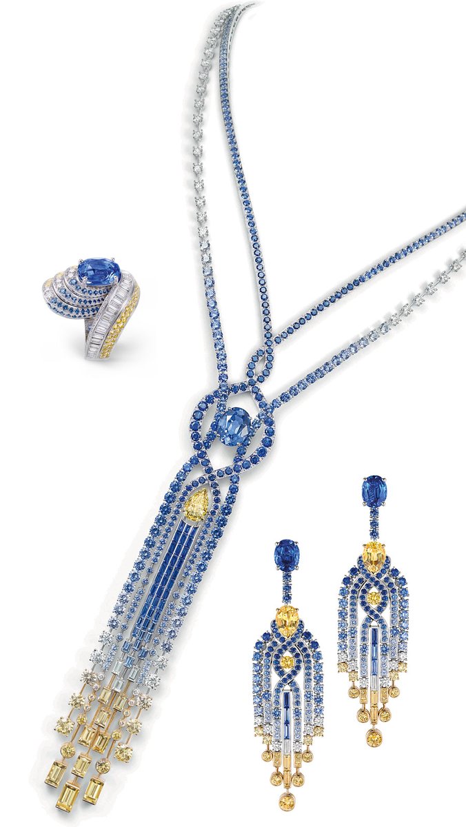 A suite from Chaumet, more sapphire gradient and one of the best uses of yellow diamonds I've ever seen. I love the shift from white to yellow gold as well, and the use of baguettes in the ring.