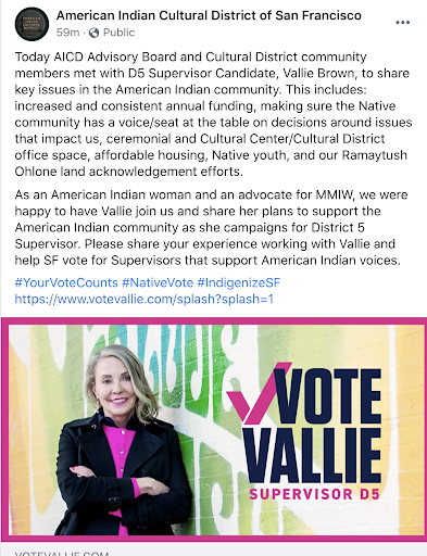 aicdsf's tweet image. Let’s boost American Indian voices in San Francisco by voting for District 5 Supervisor Candidate, Vallie Brown.

#NativeVoteCounts #NativeVote #IndigenizeSF #VoteVallieforD5

facebook.com/groups/america…
