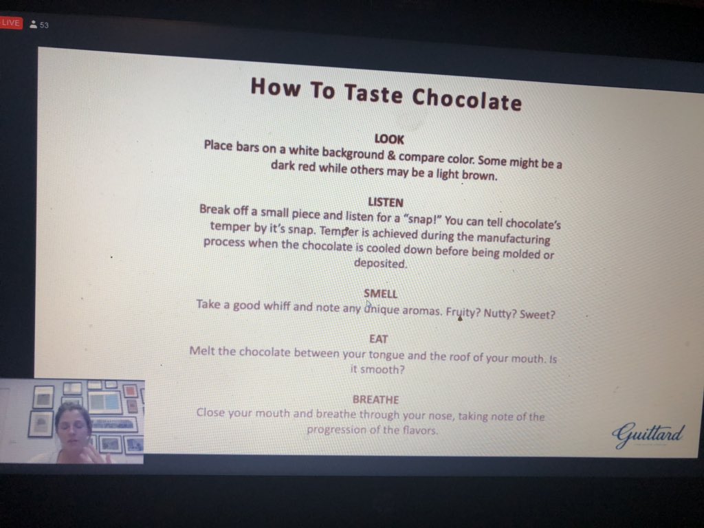RHayden_IT's tweet photo. The best way to round out day 1 of #CCE2020...with chocolate of course! @AmyGuittard @GuittardChoco @constellationr #chocolatetasting #floralnotes #snapsmelltaste https://t.co/F3pCHmbIAE
