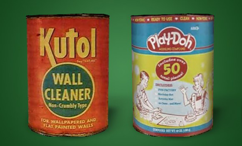 7. Play-DohPlay-Doh was used as a wall cleaner designed to clean black residue that coal heaters left on walls.They learned that a teacher was using the product in arts and crafts class to make ornaments.They explored the opportunities and pivoted to distribute to schools.