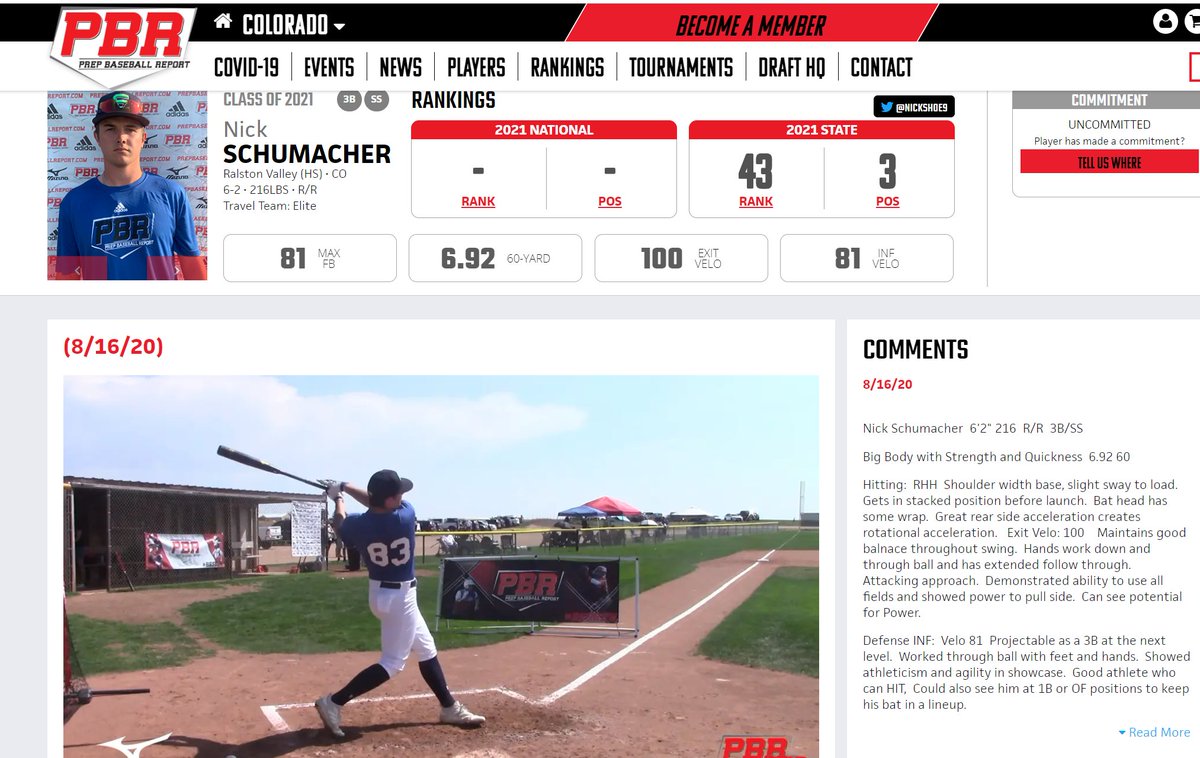 PrepBaseball_CO's tweet photo. Colorado Uncommitted Spotlight 2021, 3B, Nick Schumacher, Ralston Valley HS  Exit Velo=100mph
Strength and Speed.  6.92 60.  Versatile athlete, Bat will keep him in the line up.  @NickShoe9 @HS_MUSTANGS 

https://t.co/mSinqrepuH https://t.co/z29LGbS4QH