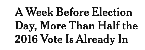 NYT headline: "A Week before Election Day, More then Half the 2016 vote is already in"