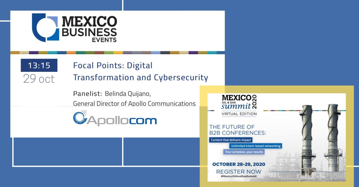 ApolloComMx's tweet photo. Estamos ansiosos por participar en Mexico Oil &amp; Gas Summit 2020, para charlar respecto a los crecientes #ciberataques en OT y el impacto que  tiene en la #industria.29 octubre de 2020 a las 13:15 (evento online)
Boletos en link https: //mexicobusinessevents.com/oilandgas/2020 https://t.co/79BvBNIQcq
