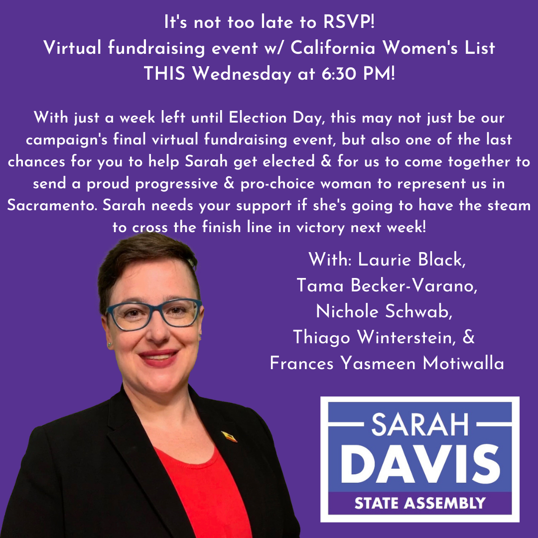 VoteSarahDavis's tweet photo. It's not too late to join us w/ @CAWomensList TOMORROW for our pro-choice Women for Sarah virtual fundraising event! RSVP NOW https://t.co/X5Ib3E6mUs
#votesarahdavis #midwifecandidate #prochoice https://t.co/HNa6LT0BOA