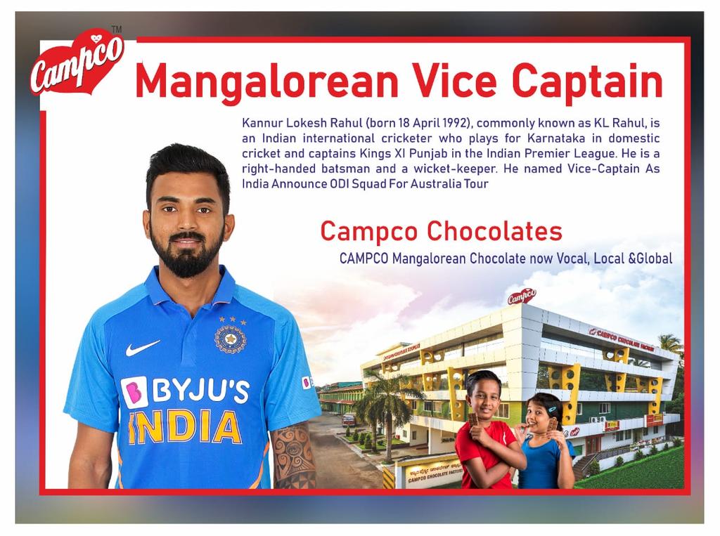 campcochocolate's tweet photo. Mangalorean Vice Captain, #KLRahul, is an #Indian international #cricketer who Named #Vice-Captain As #India Announce #ODI Squad For #Australia #Tour_ *#CampcoChocolates _"#Campco Mangalorean  #Chocolate now #Local #Vocal &amp; #Global"_* #Manglore #ChocolateIndia #CampcoIndia https://t.co/I7m5qI3wIy