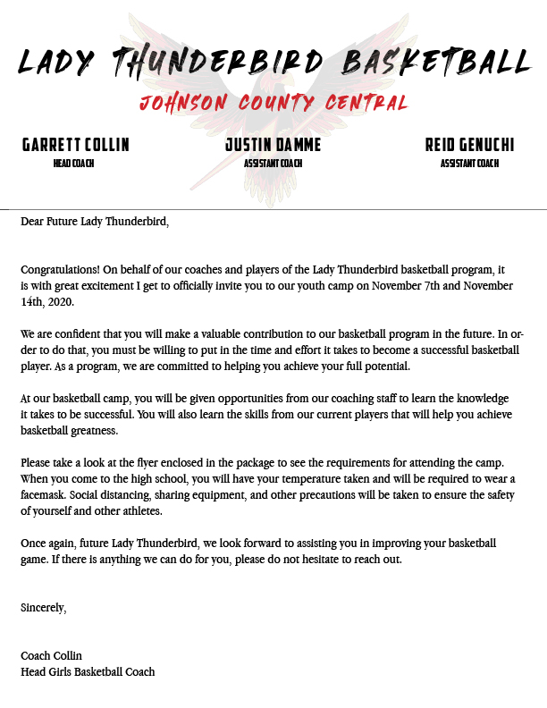 jccgirlsbb's tweet photo. The Lady Thunderbird players and coaches will be hosting a youth camp on November 7th and 14th. Each girl in 3rd-8th grade should receive a personalized letter and flyer inviting them to our camp. More details can be seen in the attached letter and flyer! #gojcc https://t.co/Ri05Ej2YuU