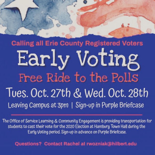 HilbertServes's tweet photo. Catch a ride to the polls tomorrow, 10/28 at 3pm to Early Vote. 
Signup in Purple Briefcase. #HilbertVotes https://t.co/LEGu9l0pnu