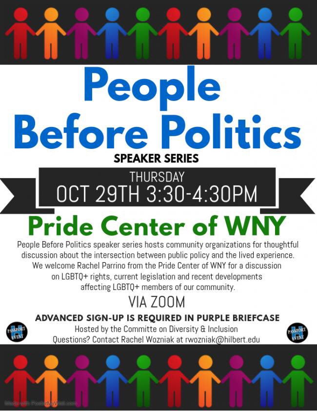 HilbertServes's tweet photo. People Before Politics. We welcome Rachel Parrino from the @ThePrideCenter on Th 10/29 at 3:30pm for an educational discussion on LGBTQ+ rights and current legislation affecting members of our community.
Signup in Purple Briefcase. 
#theHilbertDifference https://t.co/4yGuoAvSNm