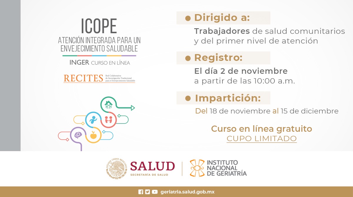 INGER_mx's tweet photo. #CursoINGER

Te invitamos a participar en nuestro curso "ICOPE. Atención integrada para un envejecimiento saludable ".

✅Dirigido a trabajadores de salud comunitarios y de primer nivel de atención. 

Modalidad: En línea- gratuito https://t.co/e5w4Net7xM