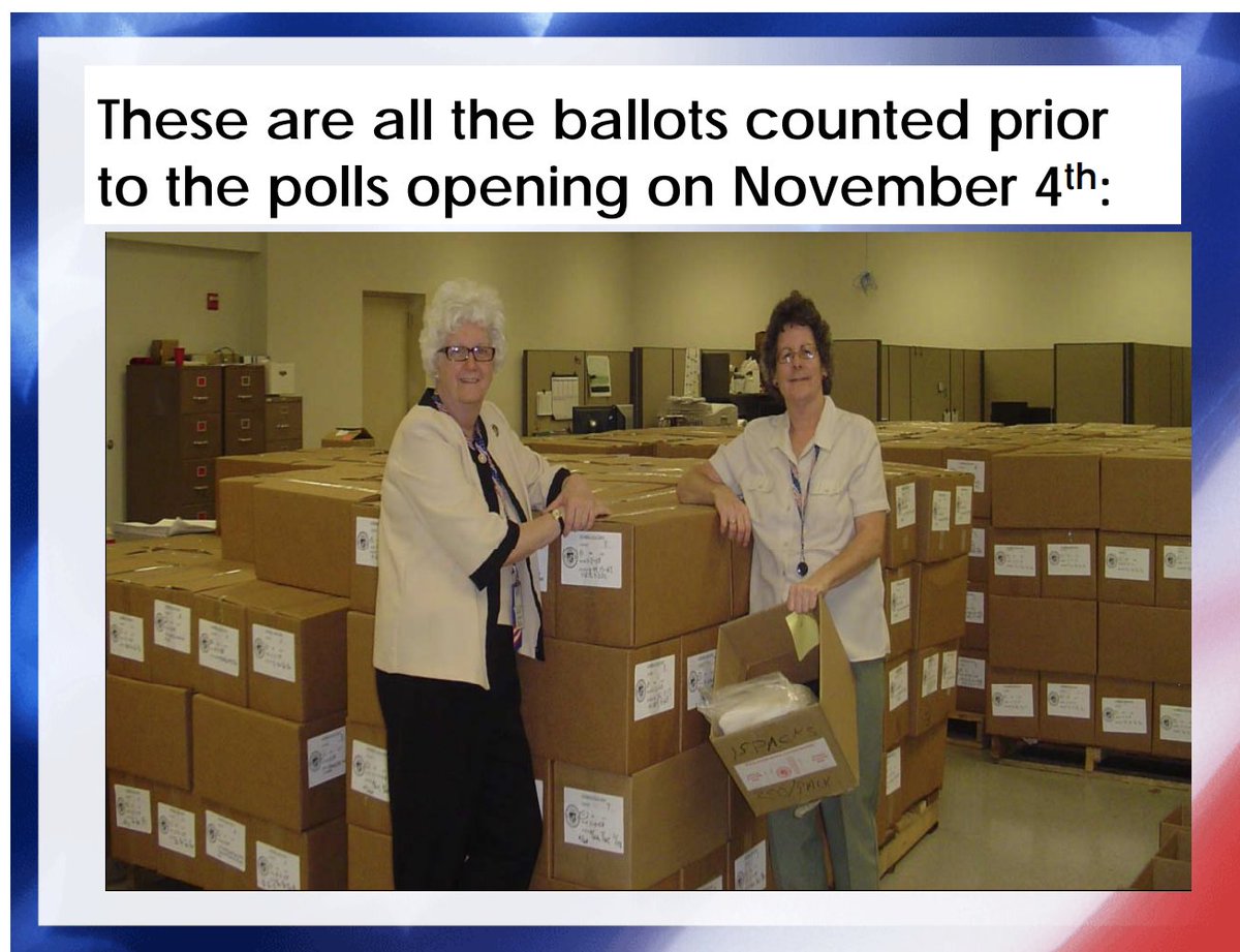 Some places allow for the ballots to be processed, scanned, & counted (but not tallied) before Election Day.In those states we will have large numbers of votes when the results hit on election night.Be the first to count--VOTE EARLY.Nothing new. From Maricopa County, AZ 2008: