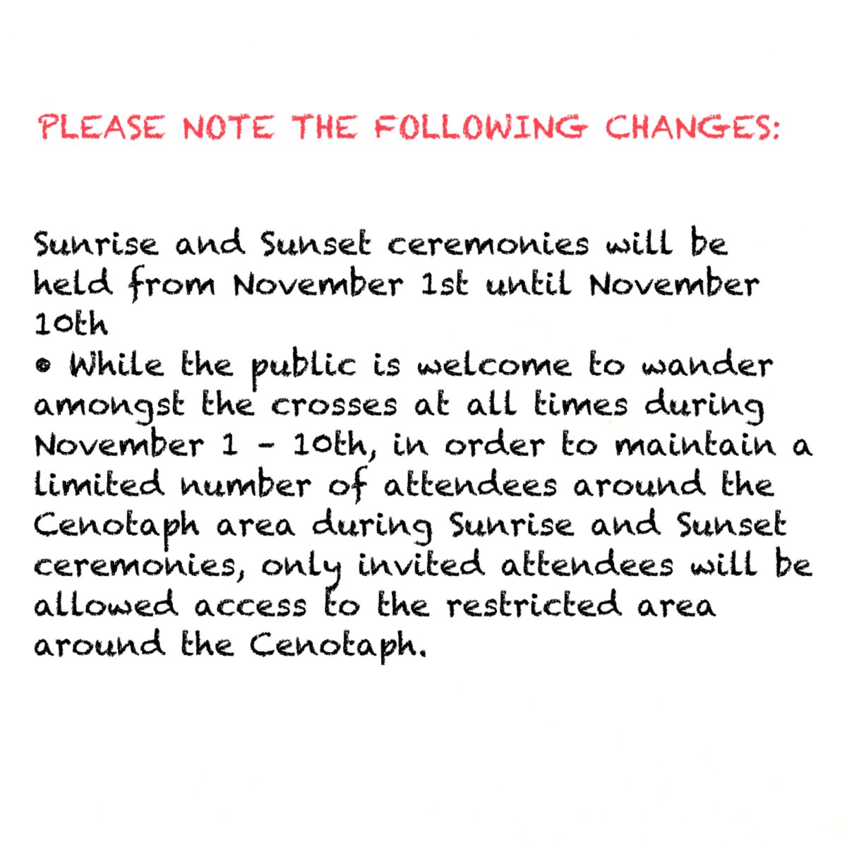 Important news for the Field of Crosses. Please note that Globalnews.ca/Calgary will be broadcasting the Remembrance Day Ceremony live on November 11, 2020 at 10:30 AM to 11:30 AM