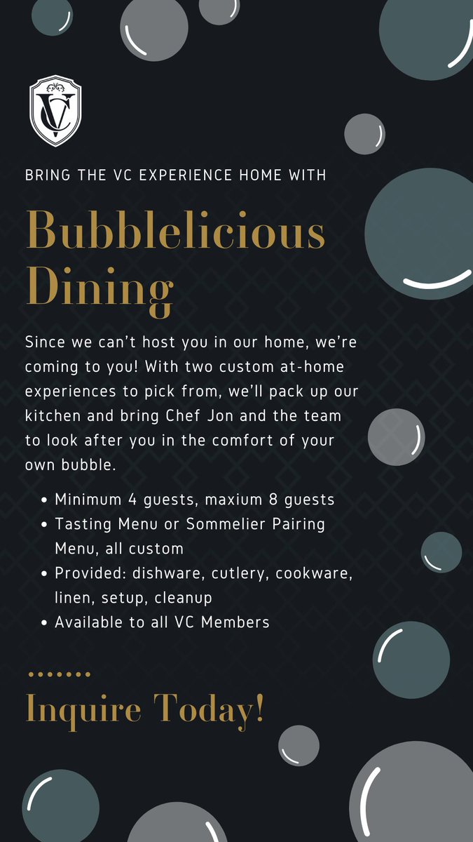 Bring the VC experience home with our new Bubblelicious Dining experience.  Choose from our custom Tasting or Sommelier Pairing menus for 4-8 guests. DM for more details. 🍽🍷