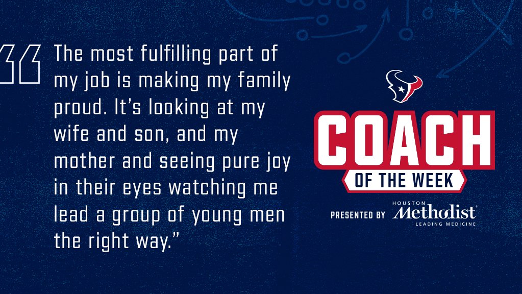 HoustonTexans's tweet photo. Ramon Chinyoung of Willowridge High School is this week's Coach of the Week presented by @MethodistHosp! 

Learn more and see past winners » https://t.co/ABDdJNVWZ2 https://t.co/vZIReOkECy